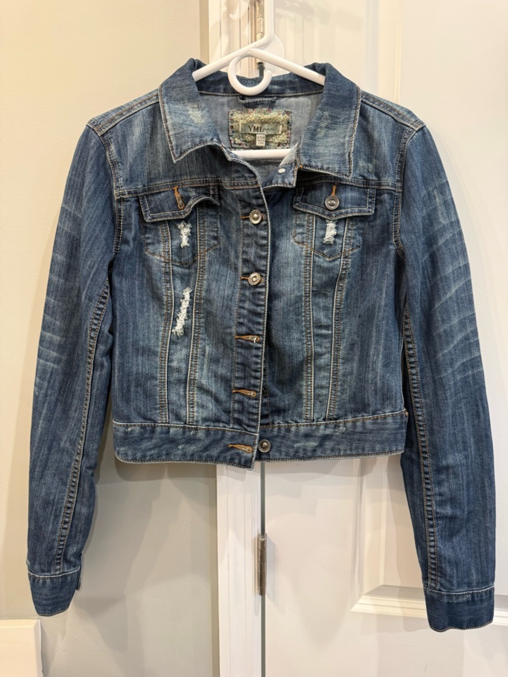 YMI Jeans Light Blue Denim Jacket with Floral Lace Trim